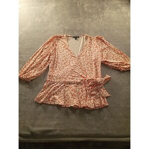 Lauren Ralph Lauren Blouse Womens Medium Orange Floral Wrap Tie Waist Ruffle Hem
